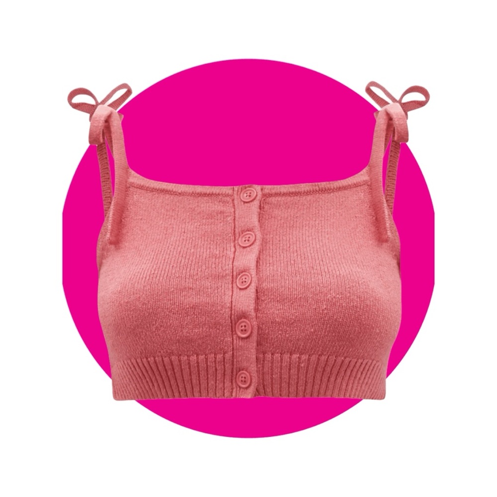 JoosTricot Knit Cropped Top XS Coral Pink Button Front Tie‎ Strap Tank Linen - Picture 8 of 9
